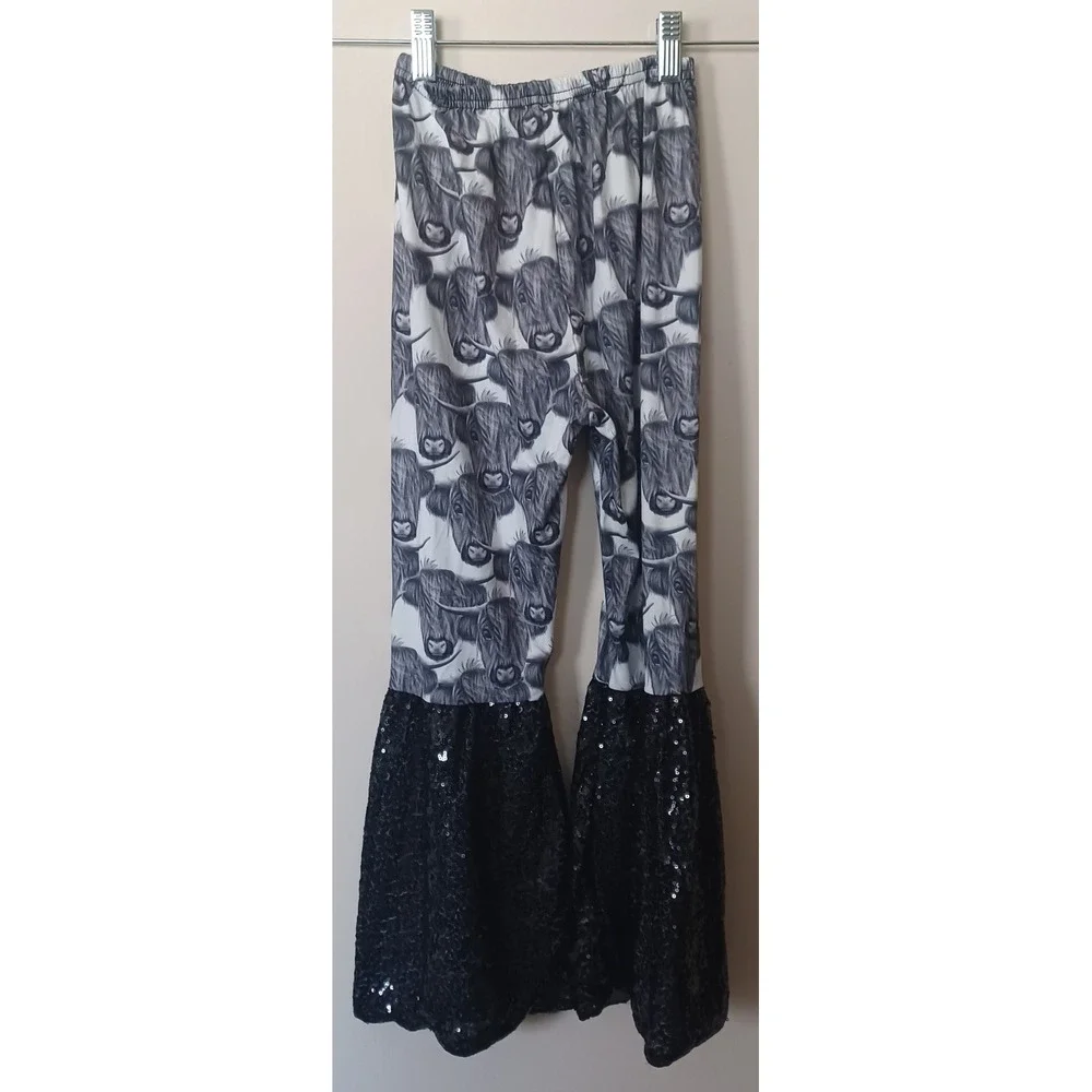 2pc Girl Highland Cow Sequin / Orange Striped Bell Bottom‎ Flare Pant Set 14-16T